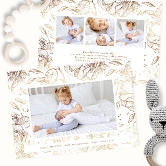 Faire-part or élégant floral nouveau-né 4 photo bébé naissanc