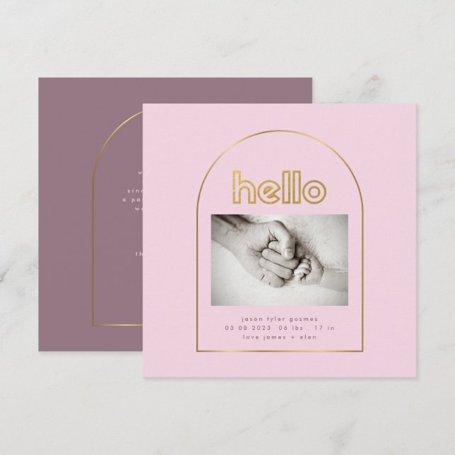 Faire-part or moderne feuille d'arche bonjour bébé fille nais (Devant / Derrière)