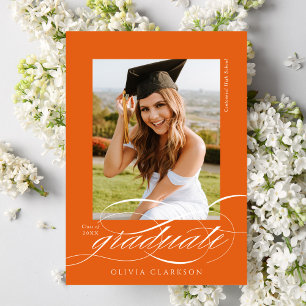 Faire-part Orange Moderne Élégant Script Photo Graduation