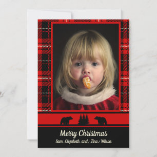 Faire-part Ours dans les bois photo à carreaux rouges de Noël