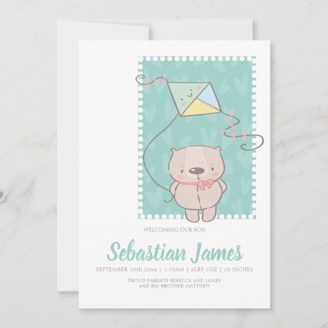 Faire-part Ours En Teddy Avec Cerf-volant Nouveau Bébé (Devant)