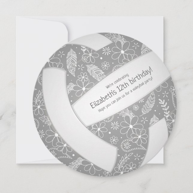Faire-part Paisley floral plumes doodles gris volleyball (Devant)