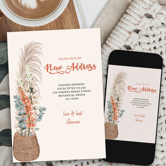 Faire-part Pampas Grass en Panier en osier Déplacement (boho flower basket new address card available printed or as printable digital download)