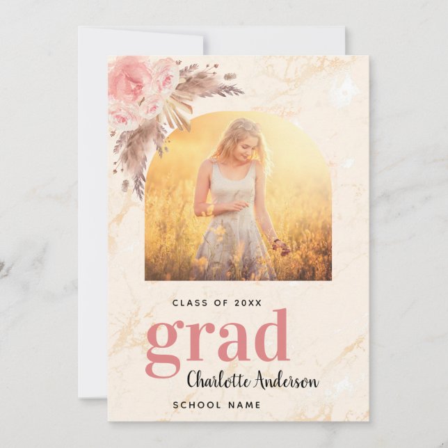 Faire-part Pampas herbe brush rose or marbre graduation (Devant)