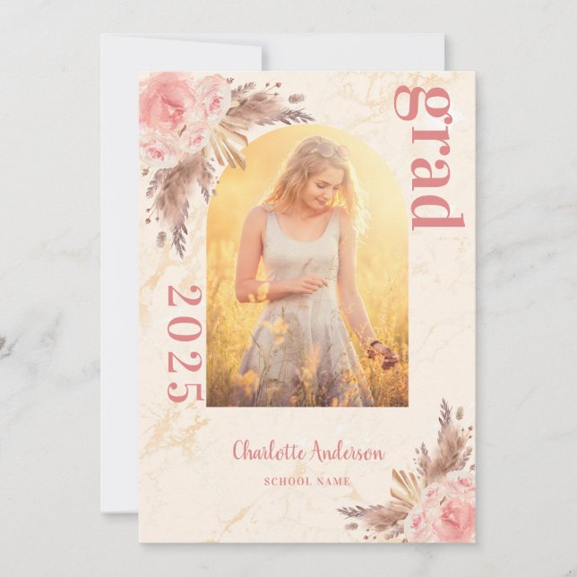 Faire-part Pampas herbe brush rose or marbre graduation (Devant)