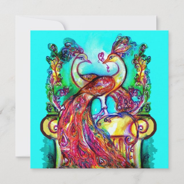 Faire-part PAONS AMOUREUX Rouge Turquoise Vert Aqua Bleu Mari (Devant)
