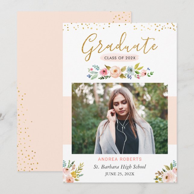 Faire-part Parties scintillant d'or Blush rose Floral Diplôme (Devant / Derrière)