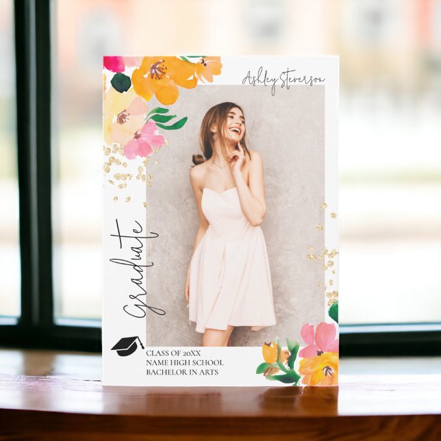 Faire-part Parties scintillant d'or floral photo graduation b (Gold glitter floral photo botanical graduation announcement)