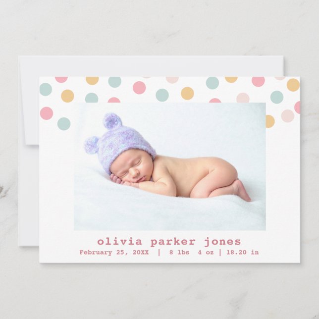 Faire-part Pastel Confetti Points Photo Collage Fille Naissan (Devant)