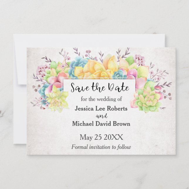 Faire-part Pastel Floral Succulents Enregistrer la date (Devant)