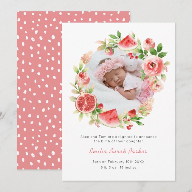 Faire-part Pastèque Rose Wreath | Elégante naissance florale (Devant / Derrière)