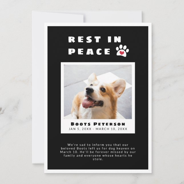 Faire-part Pawprint Coeur Repose en paix Black Pet Perte Phot (Devant)