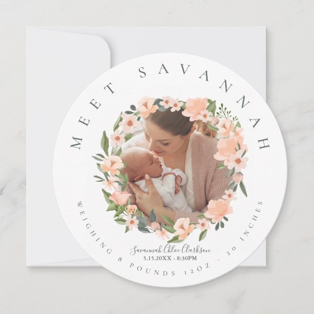 Faire-part Peach Watercolor Floral Flower Wreath Photo Baby (Devant)