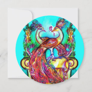 Faire-part PEACOCKS EN AMOUR Bleu Rouge Turquoise Vert Rond