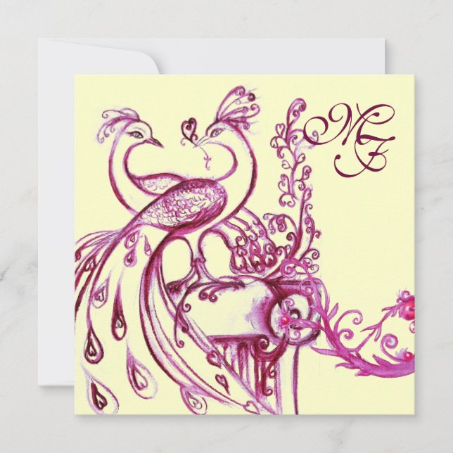 Faire-part PEACOCKS EN AMOUR MONOGRAM Lit Burgundy Rose Blanc (Devant)