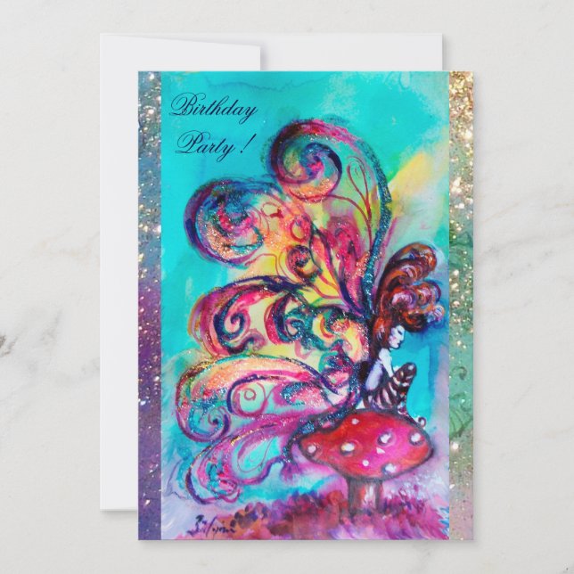 Faire-part PETIT ELFÉ DE CHAMPIGNONS, rose jaune bleu scintil (Devant)