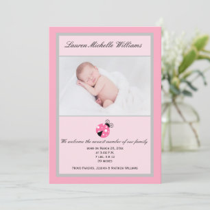 Faire-part Petit Ladybug rose Grey bébé fille photo naissance