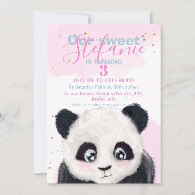 Faire-part Petit panda bébé fille anniversaire (Devant)
