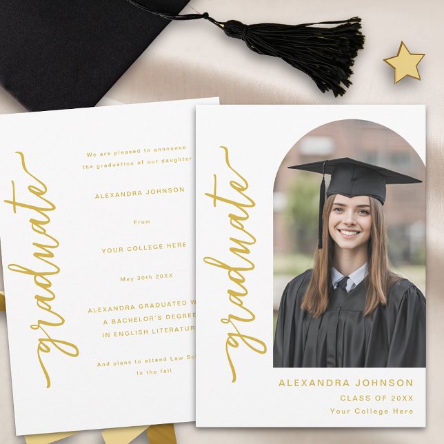 Faire-part Photo Arc Élégante Moderne (Modern elegant arch photo graduation announcement card gold script minimalist Stylish trendy)