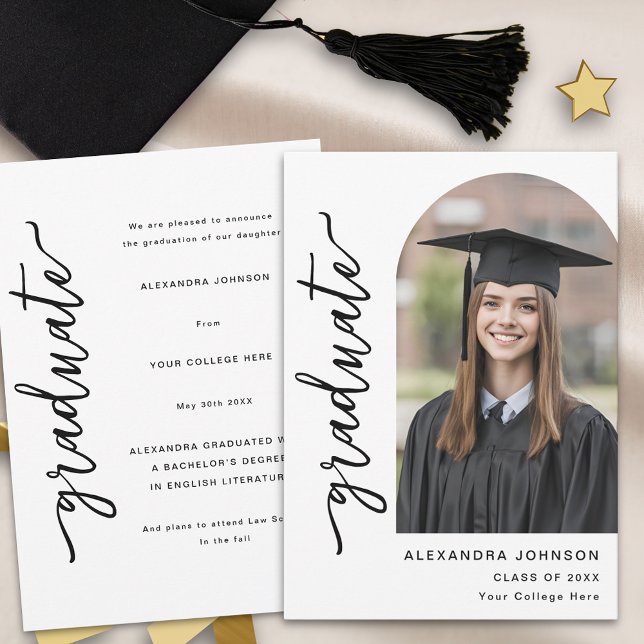 Faire-part Photo Arche de script moderne (Modern trendy black and white photo arch graduation announcement card Elegant script minimalist )