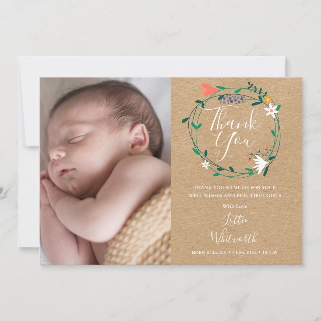 Faire-part Photo bébé Boho rustique Merci floral naissance (Devant)