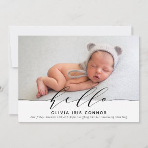 Faire-part PHOTO BÉBÉ MODERNE élégant minimaliste hello scrip