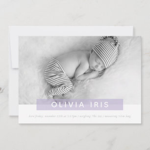 Faire-part PHOTO BÉBÉ MODERNE simple couche de panneau lilas 