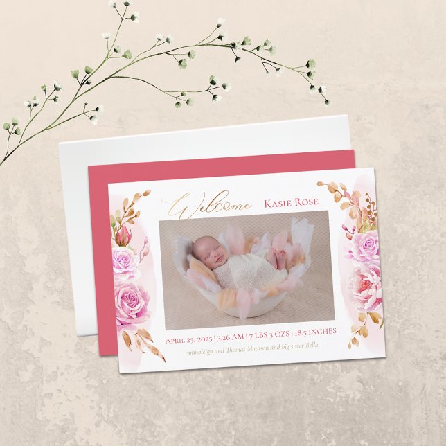 Faire-part Photo bébé Rose élégant Floral Naissance (Créateur téléchargé)