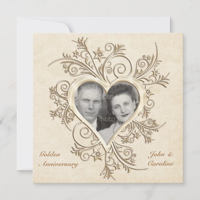 Faire-part photo Cœur Or 50e Anniversaire (Devant)