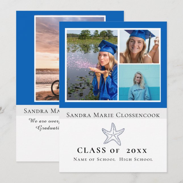 Faire-part Photo Collage Bleu Nautique Starfish diplômé (Devant / Derrière)