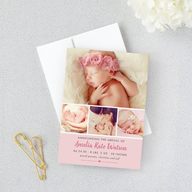 Faire-part Photo Collage de bébé rose doux (Créateur téléchargé)