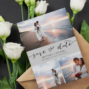 Faire-part Photo Collage Gris manuscrit Enregistrer la date
