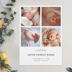 Faire-part Photo Collage moderne Gold Script Garçon fille nai