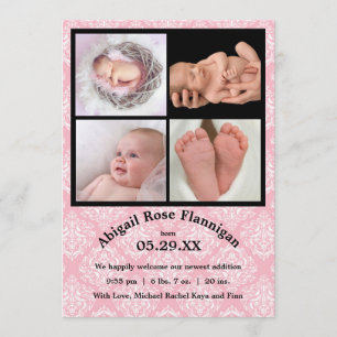 Faire-part Photo Collage rose Damas-Faire-part de naissance