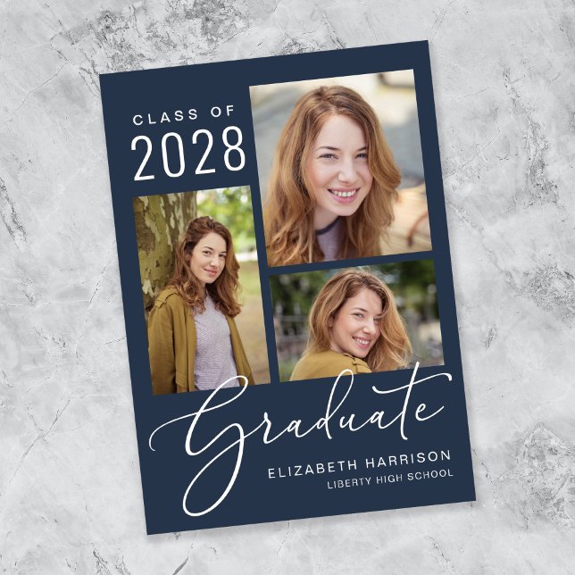 Faire-part Photo Collage Script Bleu Graduation (An elegant photo collage graduation announcement to celebrate the graduate's achievements)
