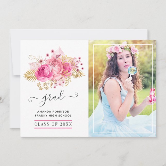 Faire-part Photo de graduation florale tropicale rose et or (Devant)