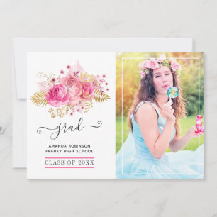 Faire-part Photo de graduation florale tropicale rose et or