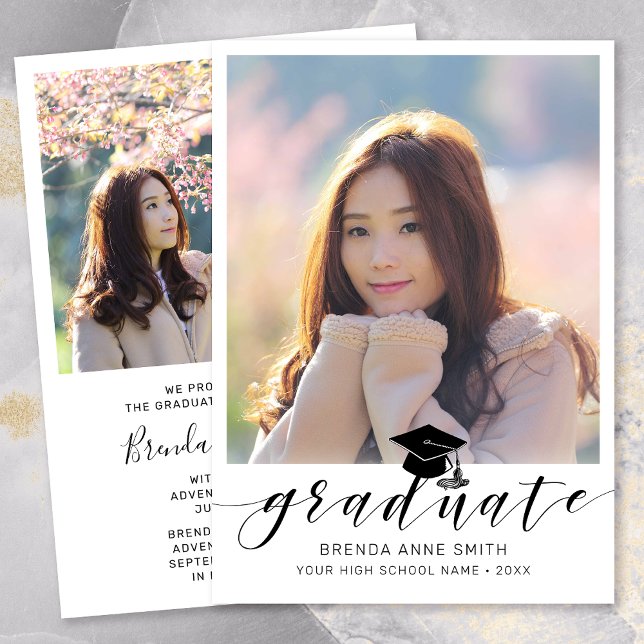 Faire-part Photo de Graduation moderne Casquette de script no (Modern Two Photo Black Script on White Graduation Announcement)