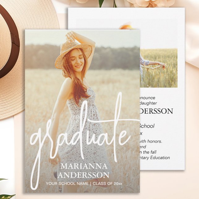 Faire-part photo de la superposition de script (Graduation photo announcement card)