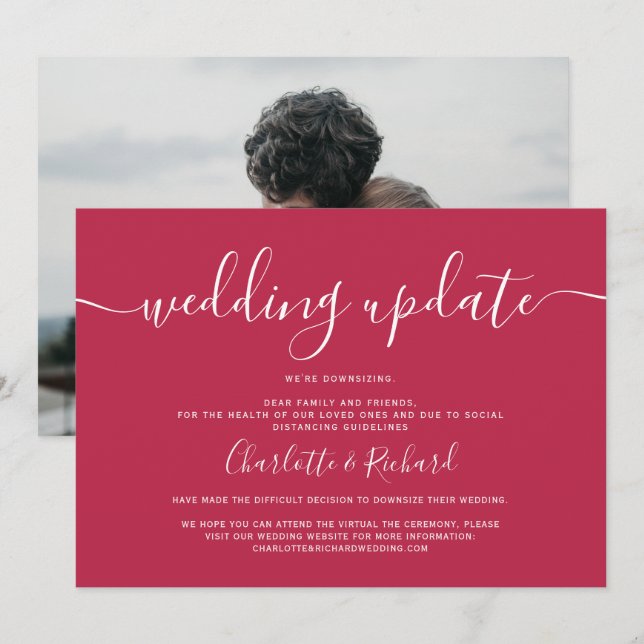 Faire-part Photo de mariage blanc et magenta script réduction (Devant / Derrière)