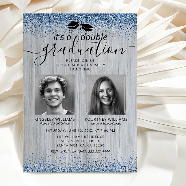 Faire-Part Photo Double Diplôme Paillettes Bleu Ru (Créateur téléchargé)