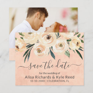 Faire-part Photo Fleurs Beige Roses Blush Or