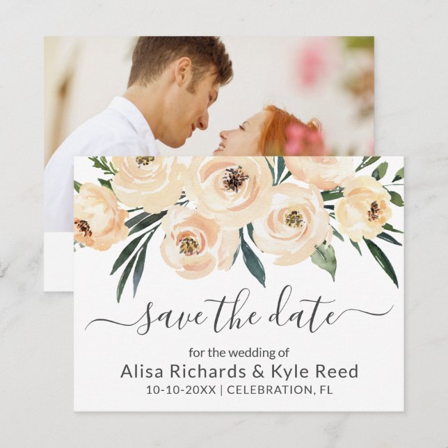 Faire-part Photo Fleurs Rose Beige Roses Or Save the Date (Devant / Derrière)