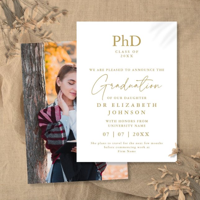 Faire-part photo Gold Elegant PhD (Gold Elegant PhD Degree Photo Announcement)