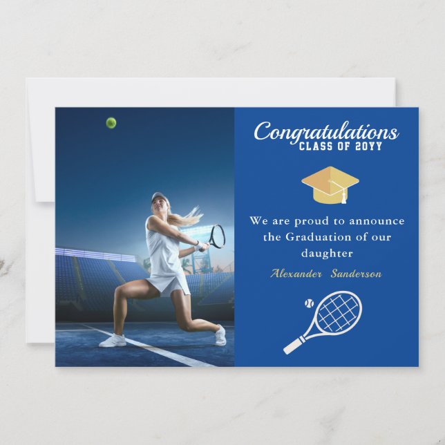 Faire-part Photo joueur de tennis Blue Gold White graduation (Devant)
