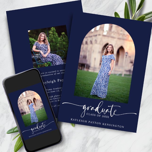 Faire-part Photo Marine Blue Modern Script Graduation Arch (Navy Blue Modern Script Graduation Arch Photo Announcement with Instant Download)