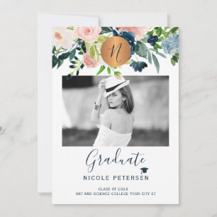 Faire-part Photo moderne élégante florale or graduation