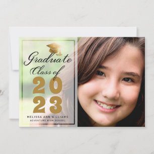 Faire-part Photo Moderne Graduation Black Gold Script 2023