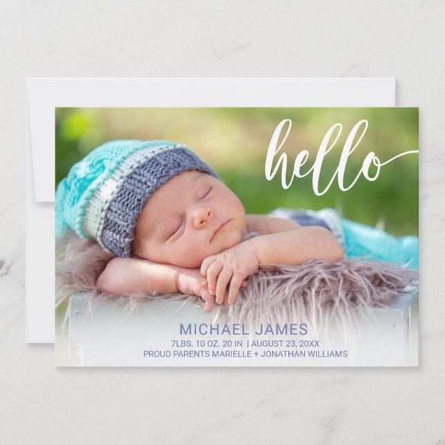 Faire-part Photo moderne Hello Script Stripe Baby Boy Birth (Devant)