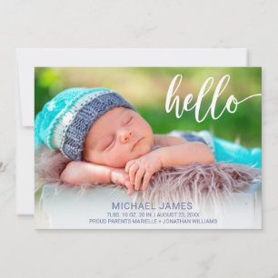 Faire-part Photo moderne Hello Script Stripe Baby Boy Birth